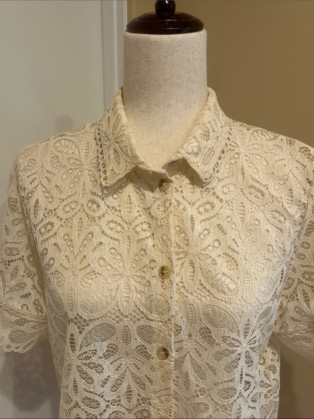 intimissimi Cream Lace Short Sleeve Button-Up Blouse - Picture 3 of 8